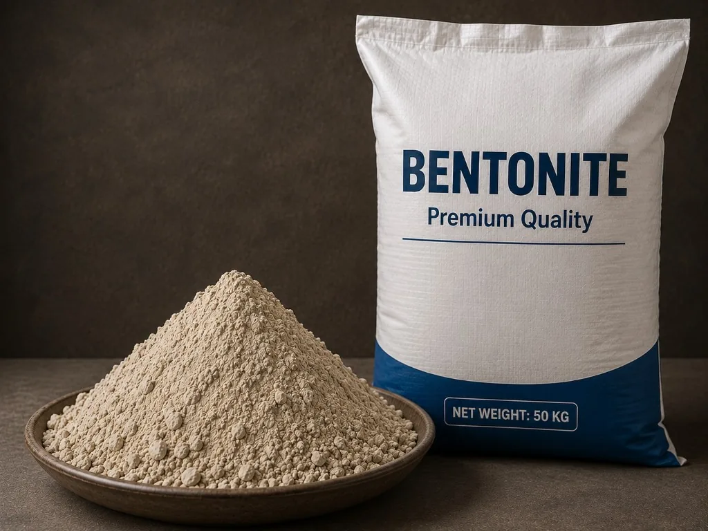 50 kg bag of premium bentonite powder beside a bowl of the clay