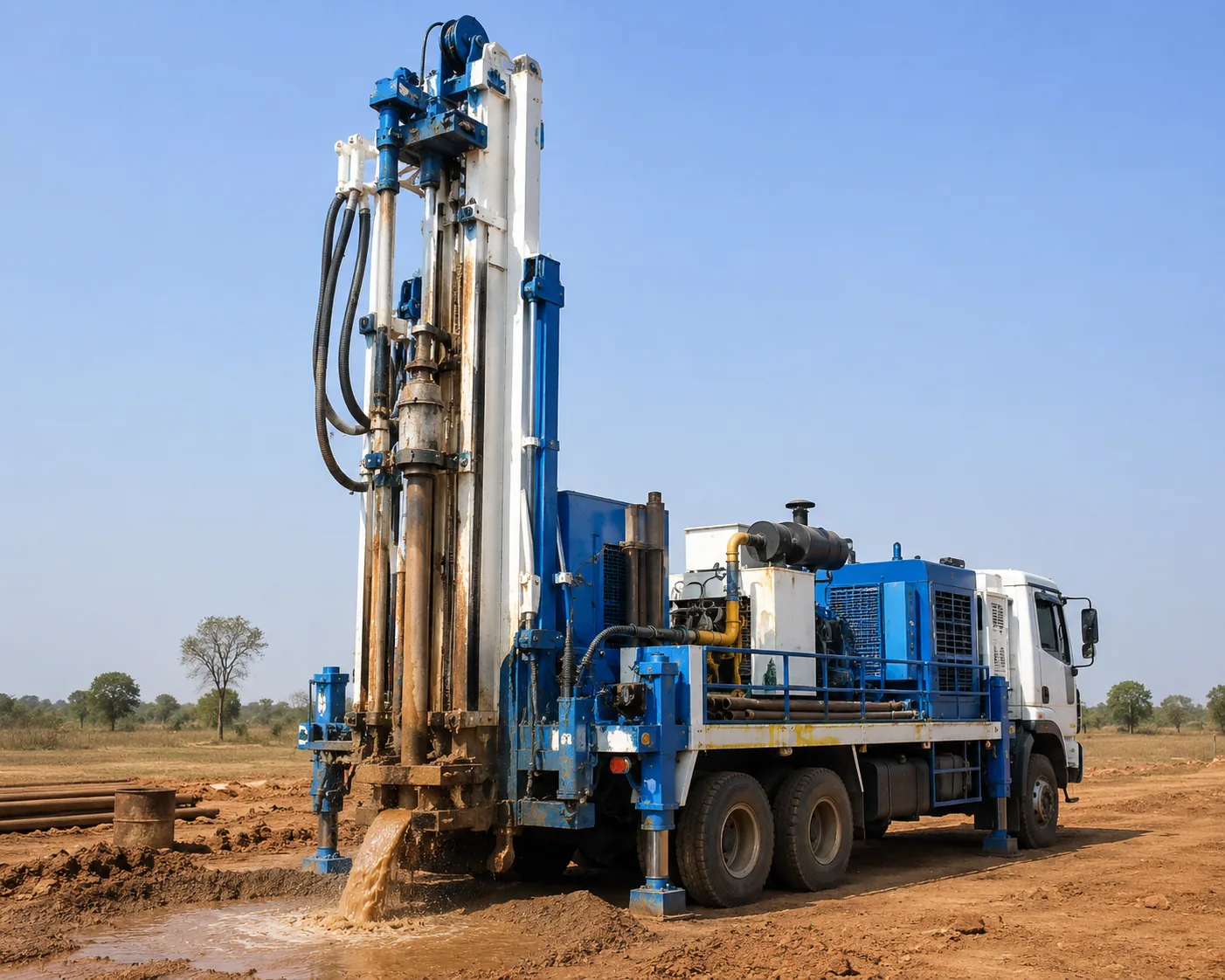 A truck-mounted drilling rig boring a deep tube well
