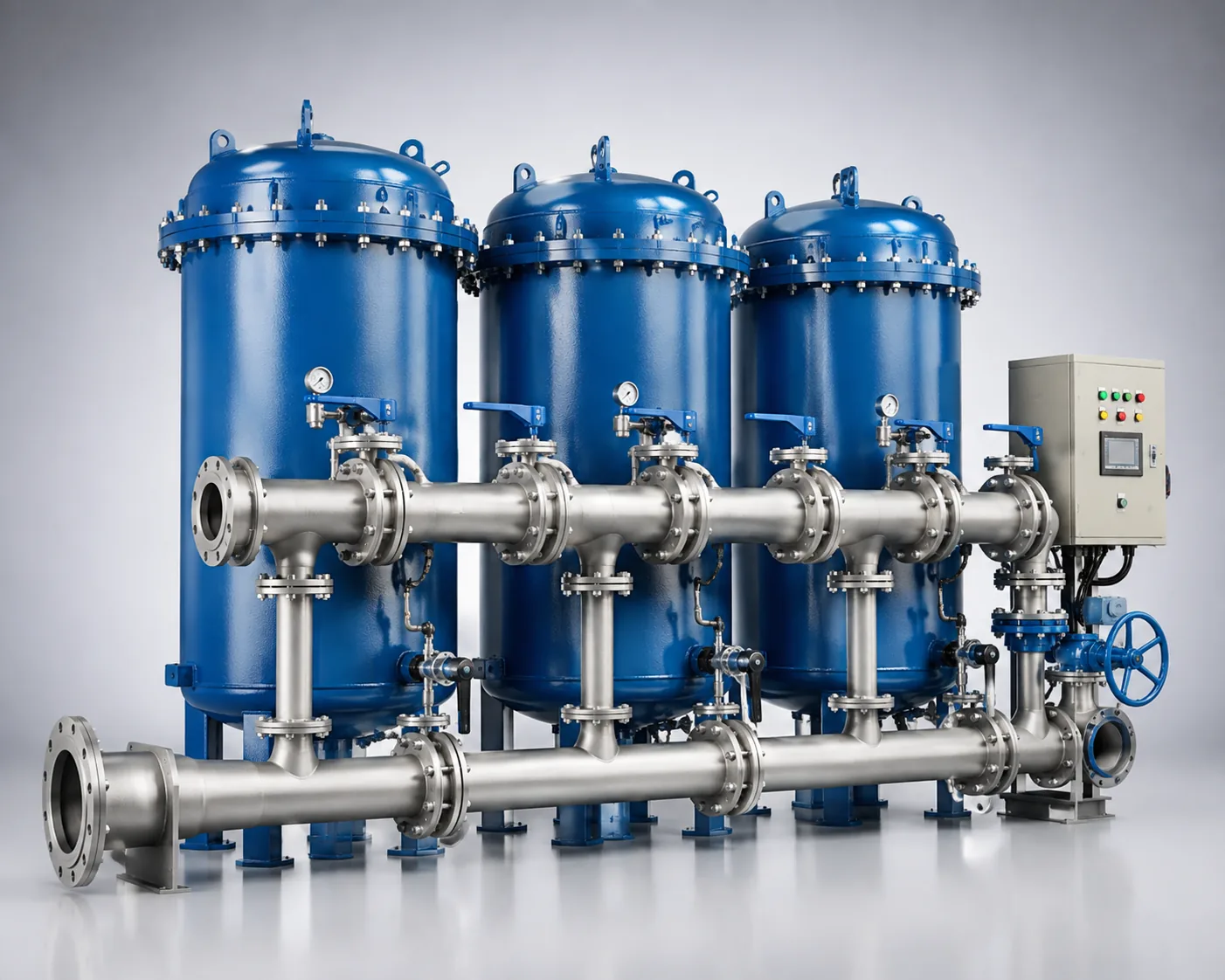 A skid-mounted multi-vessel water filtration system with control panel