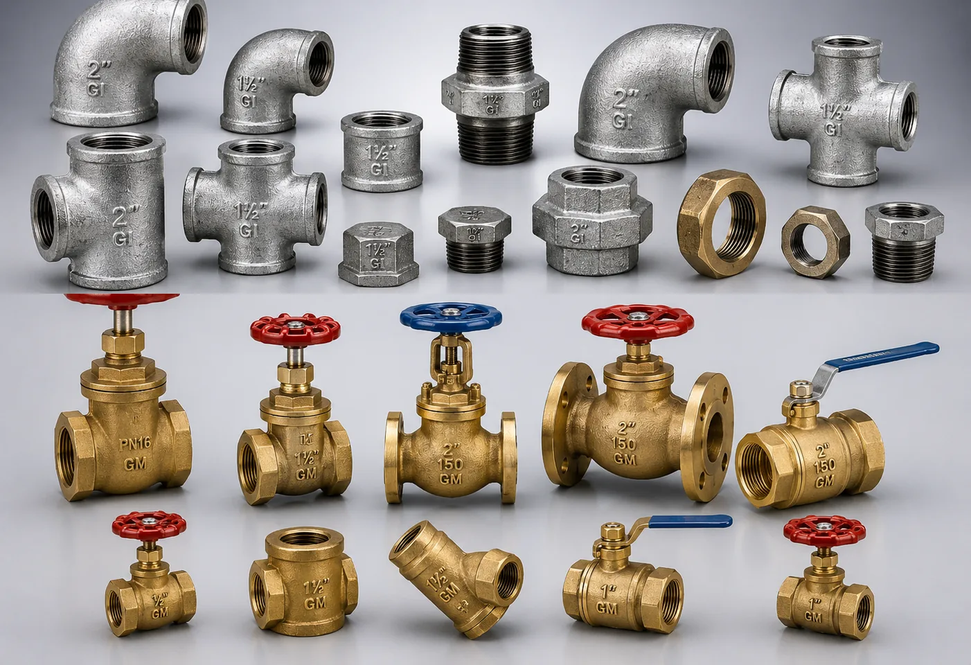 Galvanized iron fittings with gun metal gate, globe and ball valves