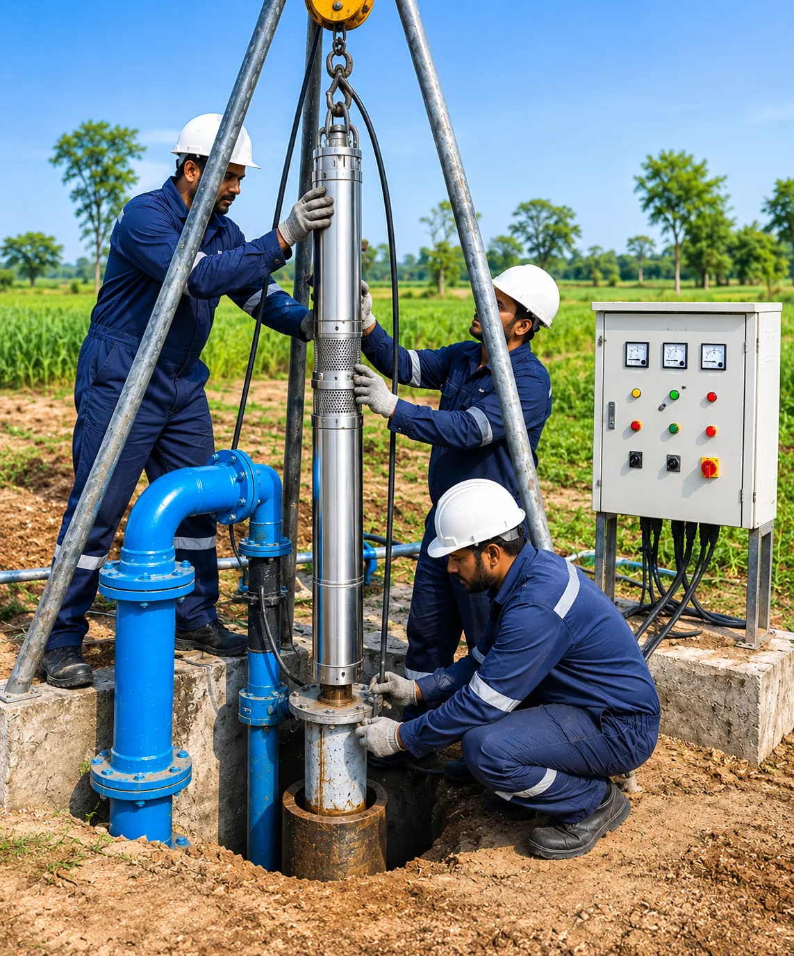 Technicians lowering a submersible pump into a borewell beside a control panel
