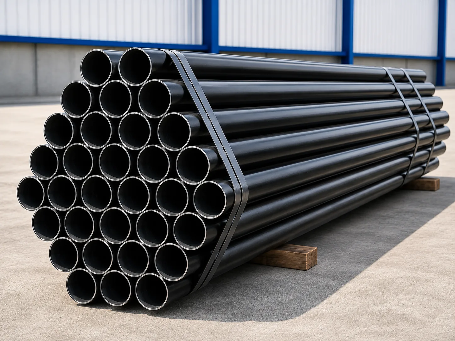 A bundle of mild steel pipes stacked on a warehouse floor