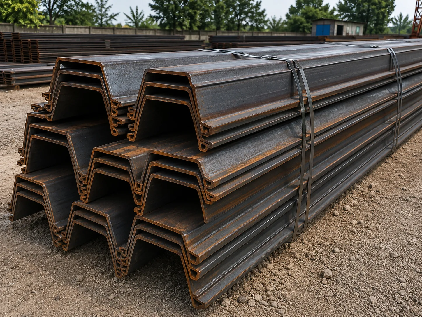 Stacks of interlocking steel sheet piles in a storage yard