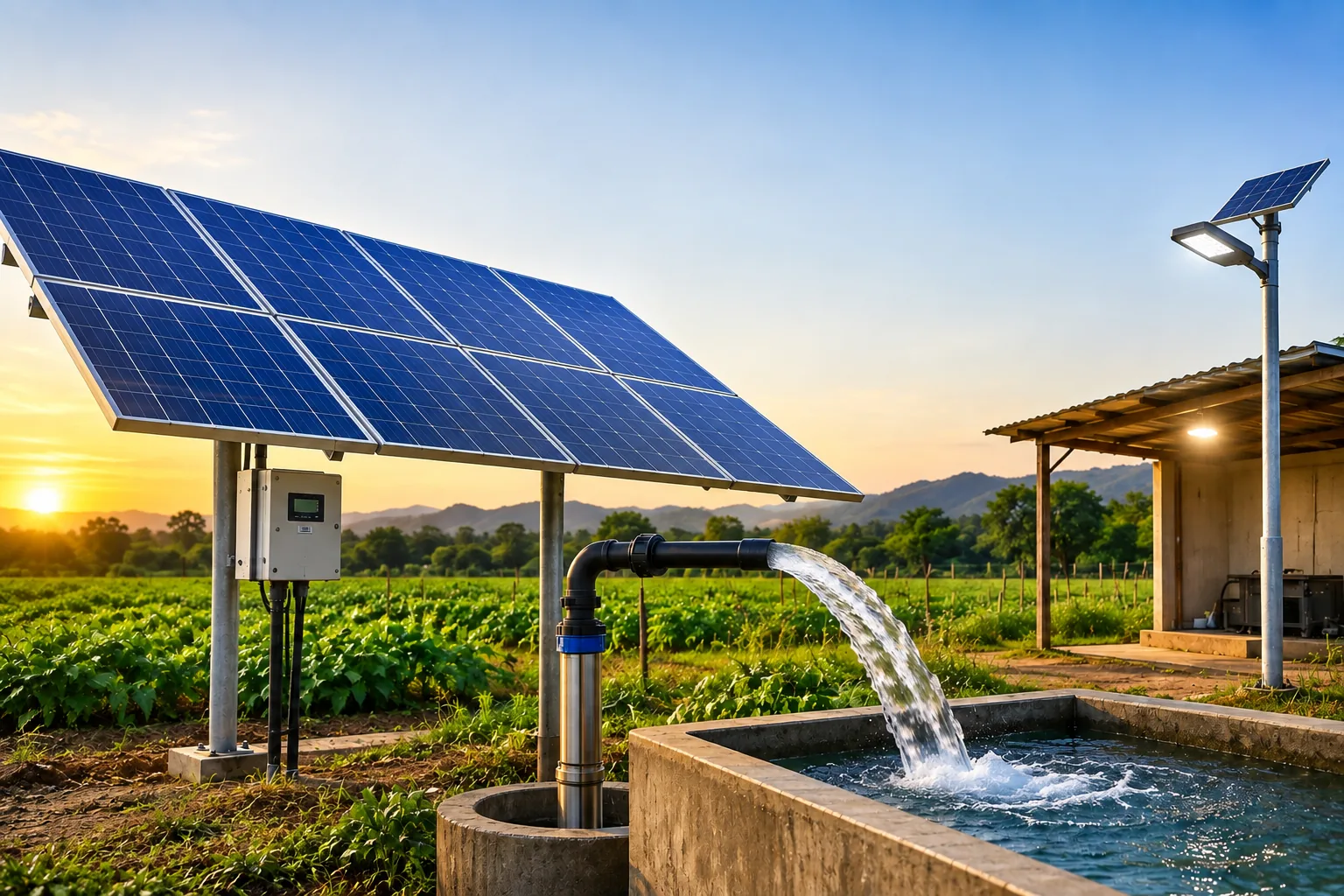 A solar panel array powering a borewell pump discharging into a tank, beside a solar street light