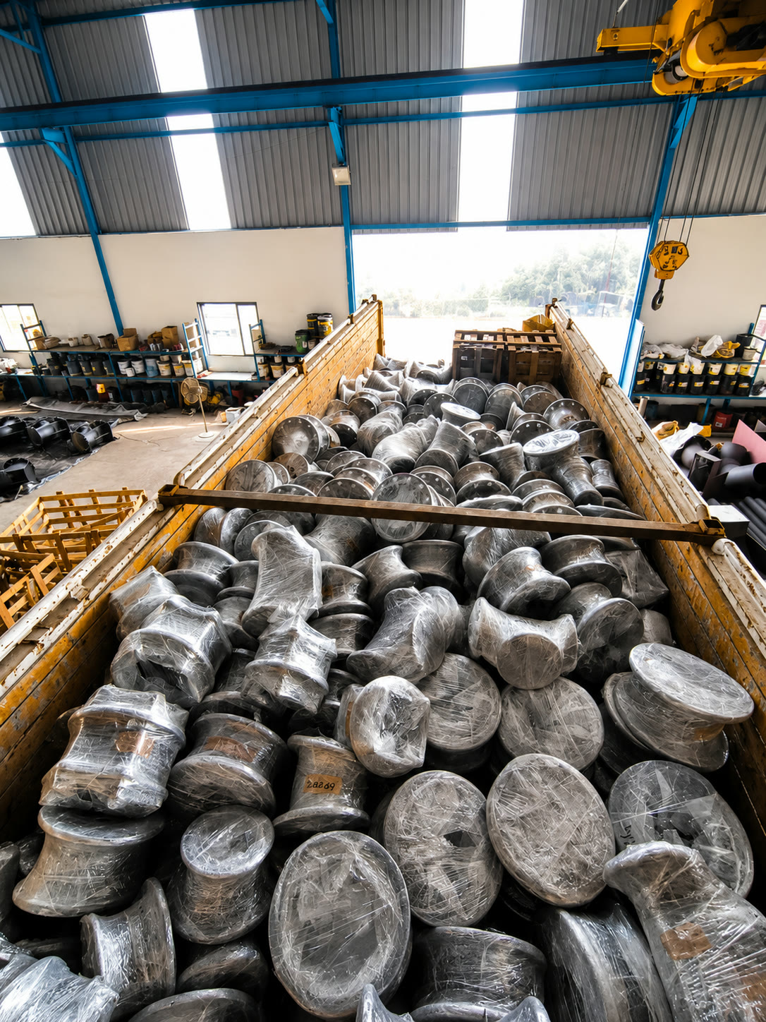 Wrapped industrial pipe fittings stored inside a warehouse