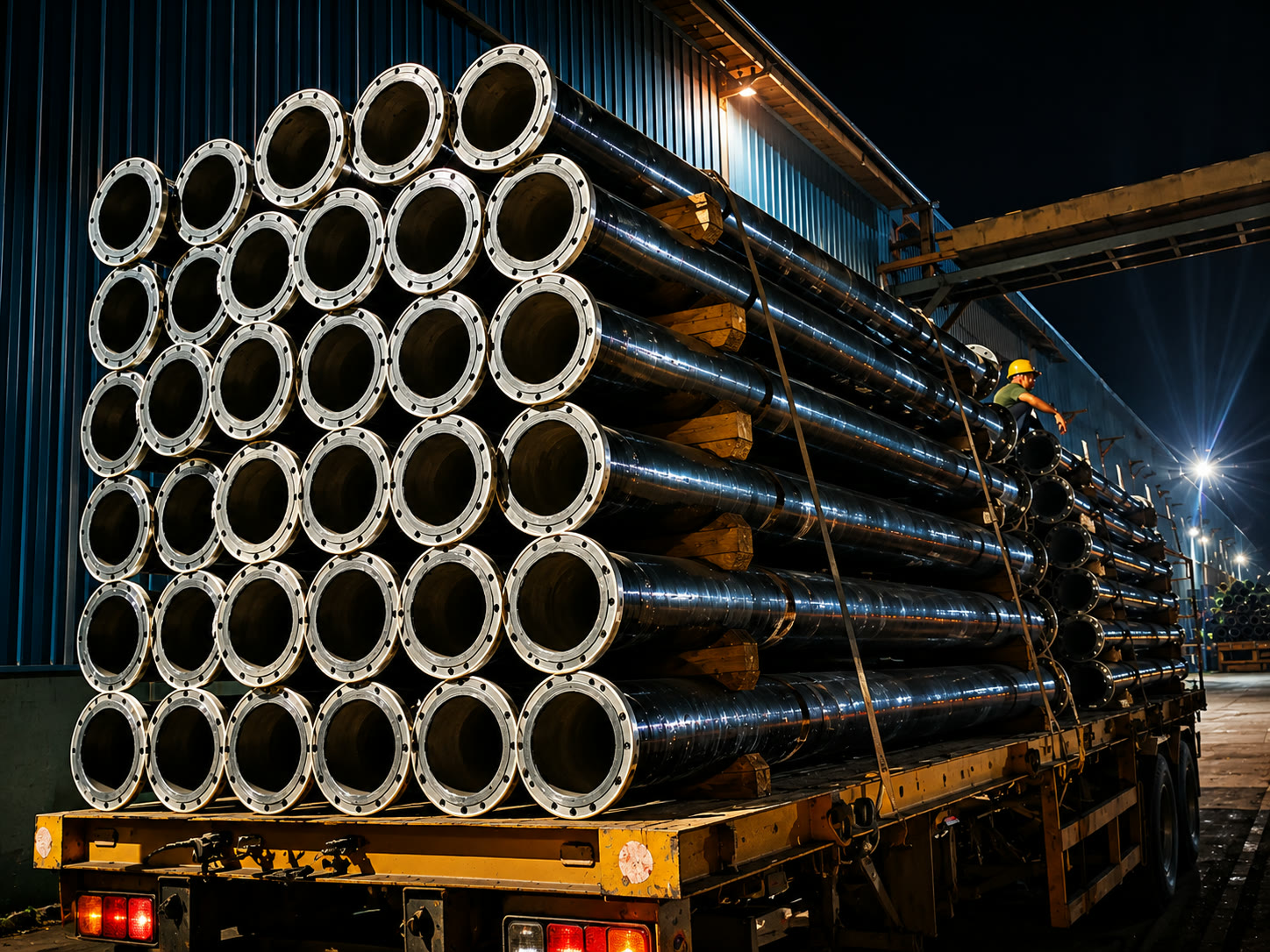 Flanged black pipes secured on a truck for dispatch
