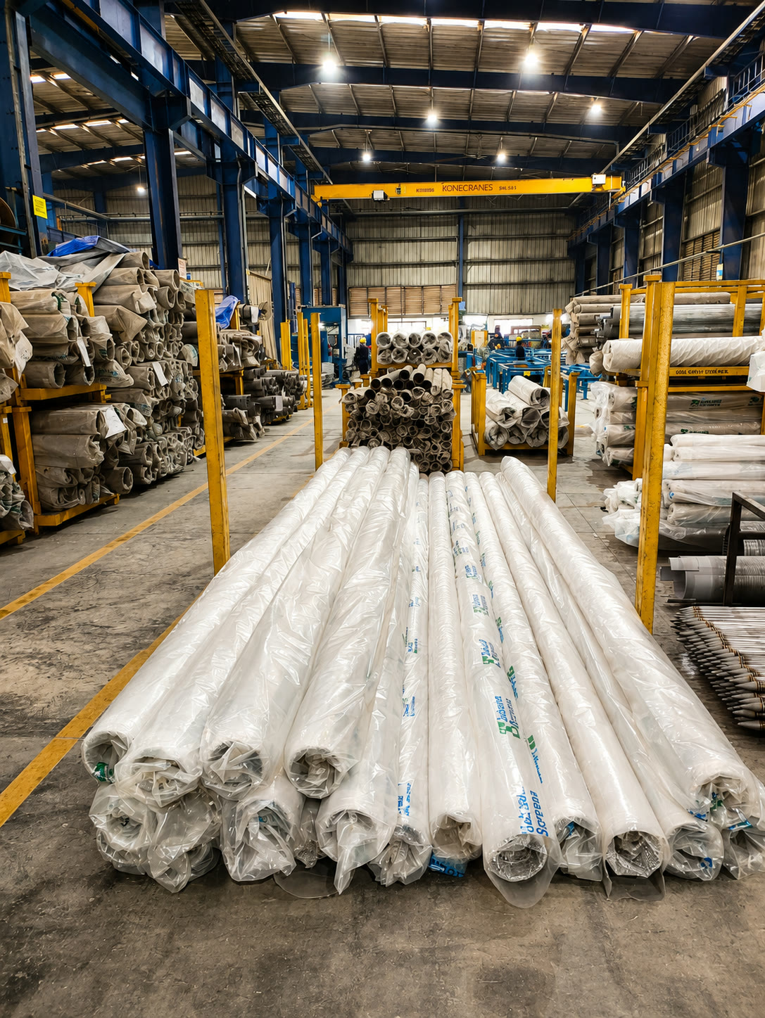 Organised pipe and material inventory inside an industrial warehouse