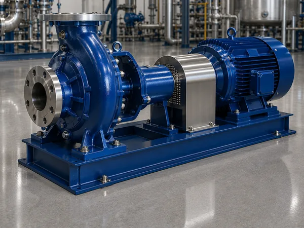 A stainless steel chemical process pump on a baseplate
