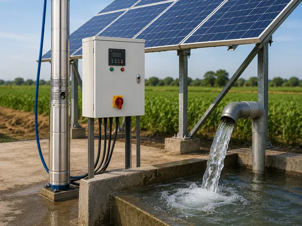 A solar powered borewell pump with panel array and controller